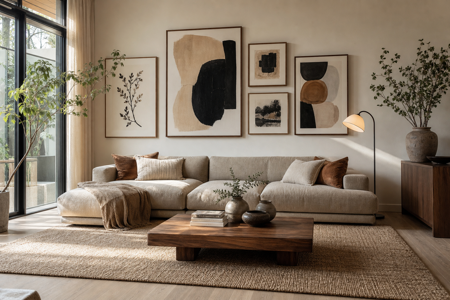 Living room sofa wall with balanced framed art arrangement