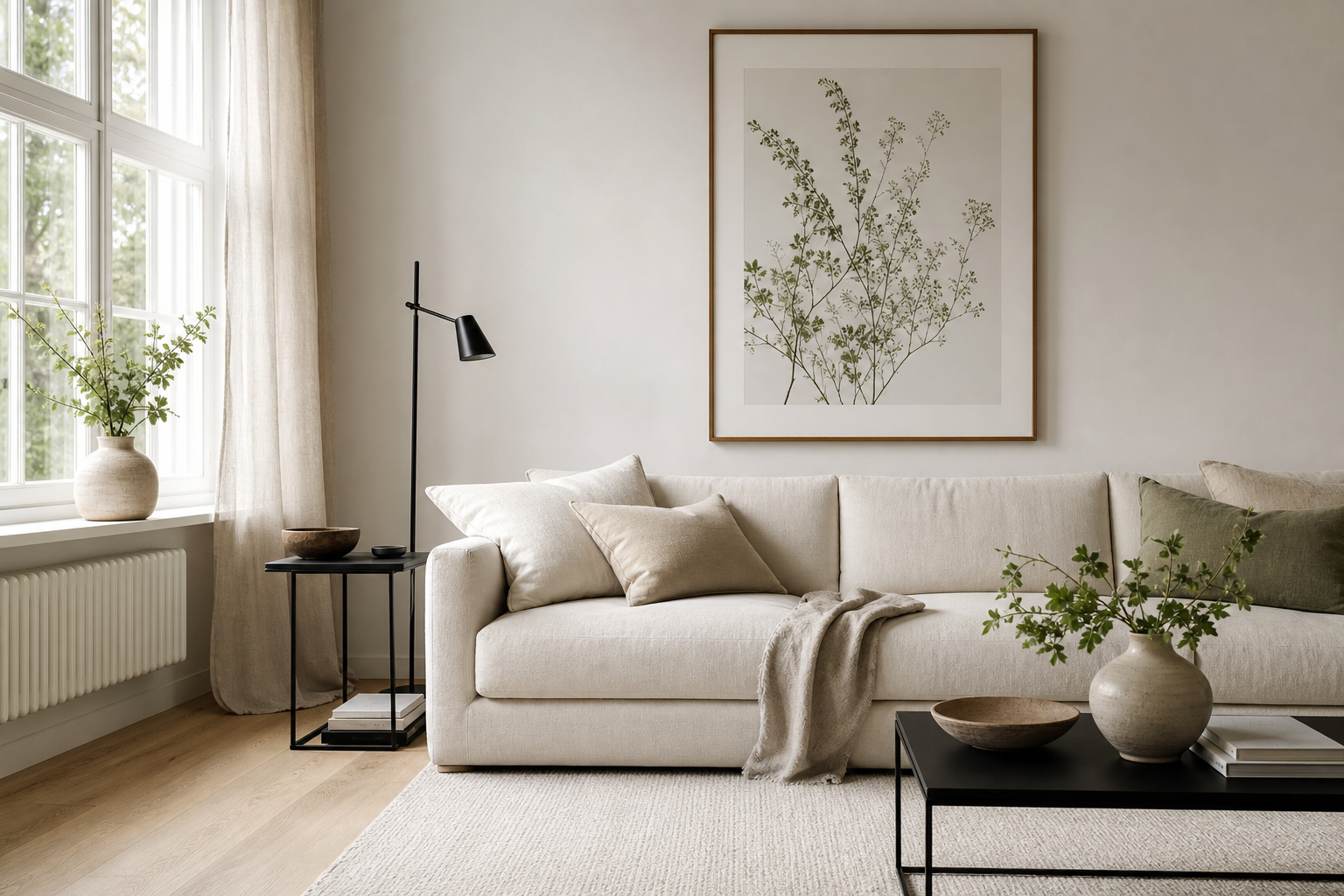 Minimal living room with line-led illustration art