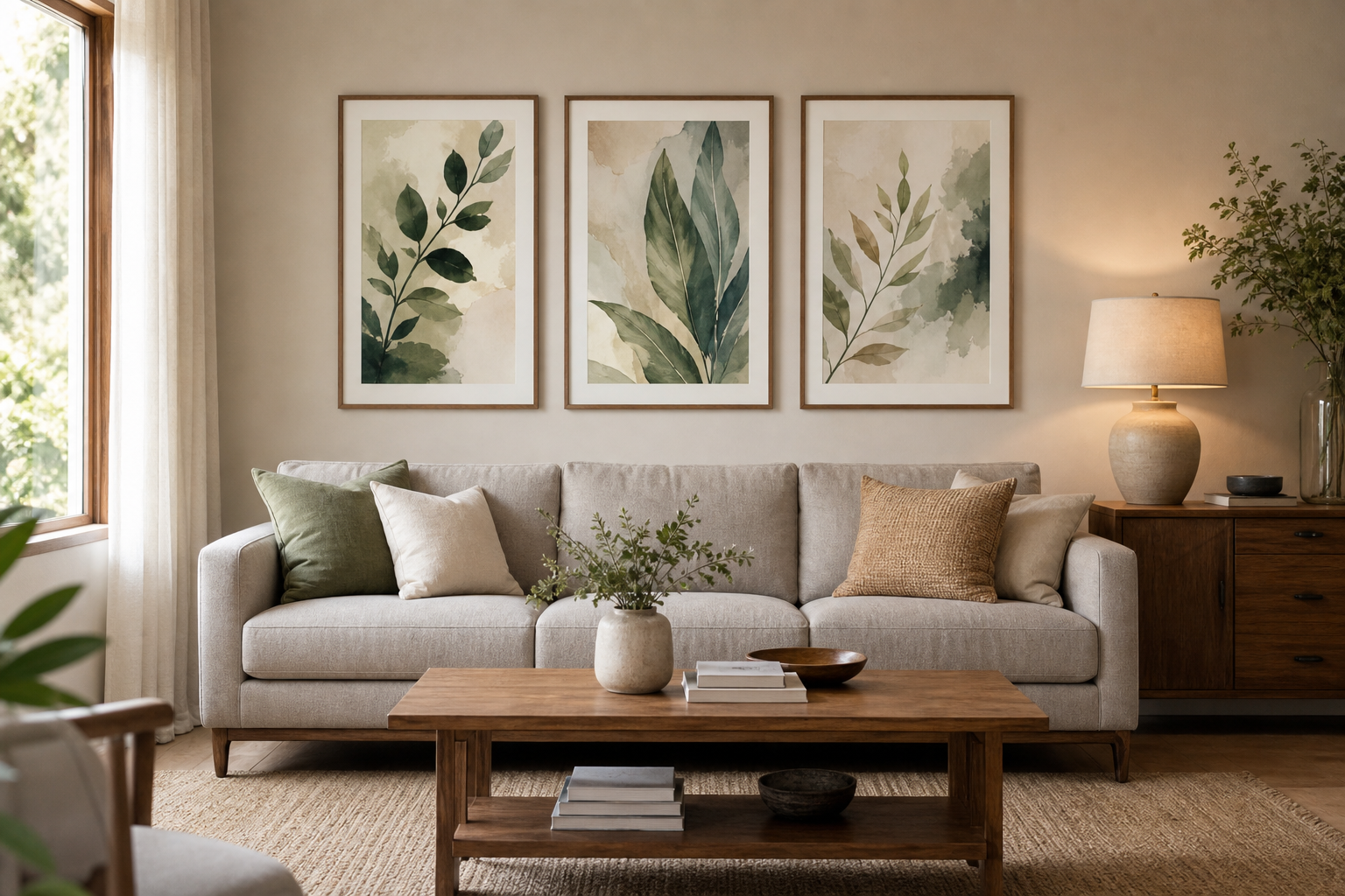 Living room wall showing a balanced art arrangement above sofa