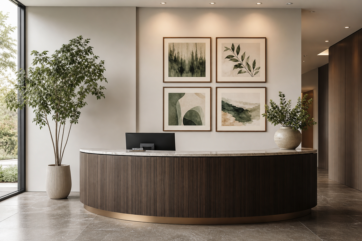 Reception wall with cohesive framed illustration arrangement