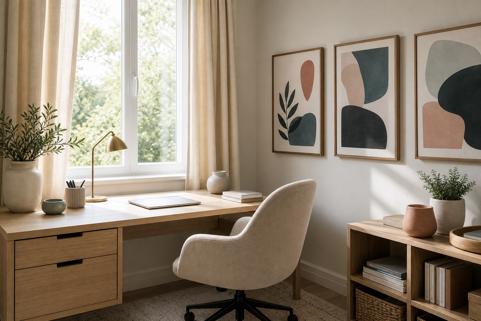Home office with muted office illustration palette
