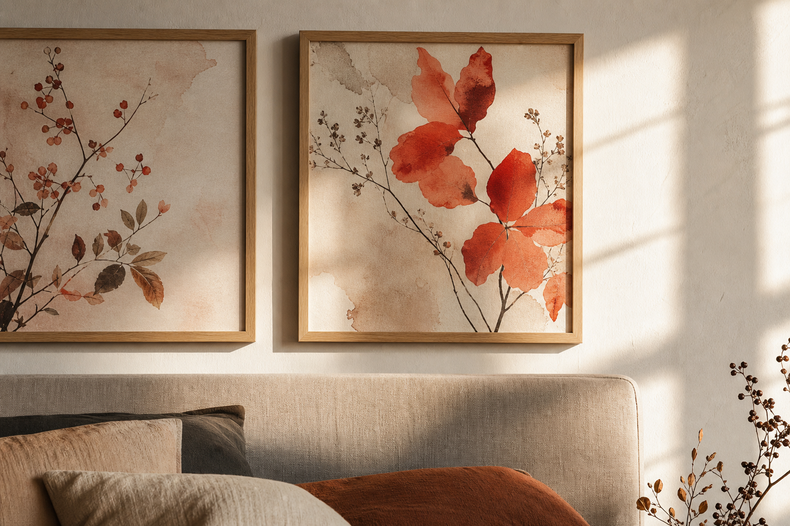Close-up of framed autumn botanical art above a bed