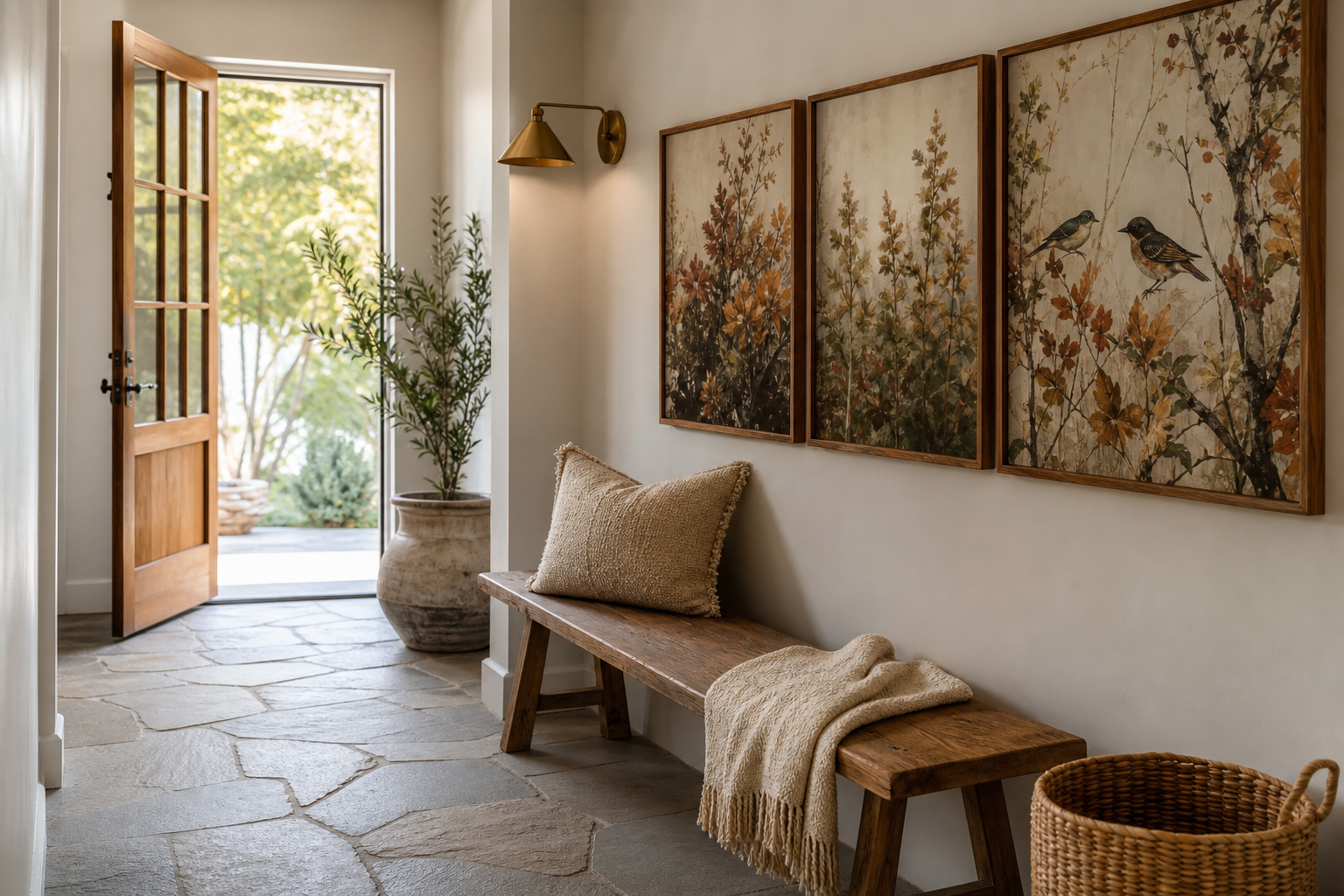 Entryway with autumn floral and nature-themed framed art