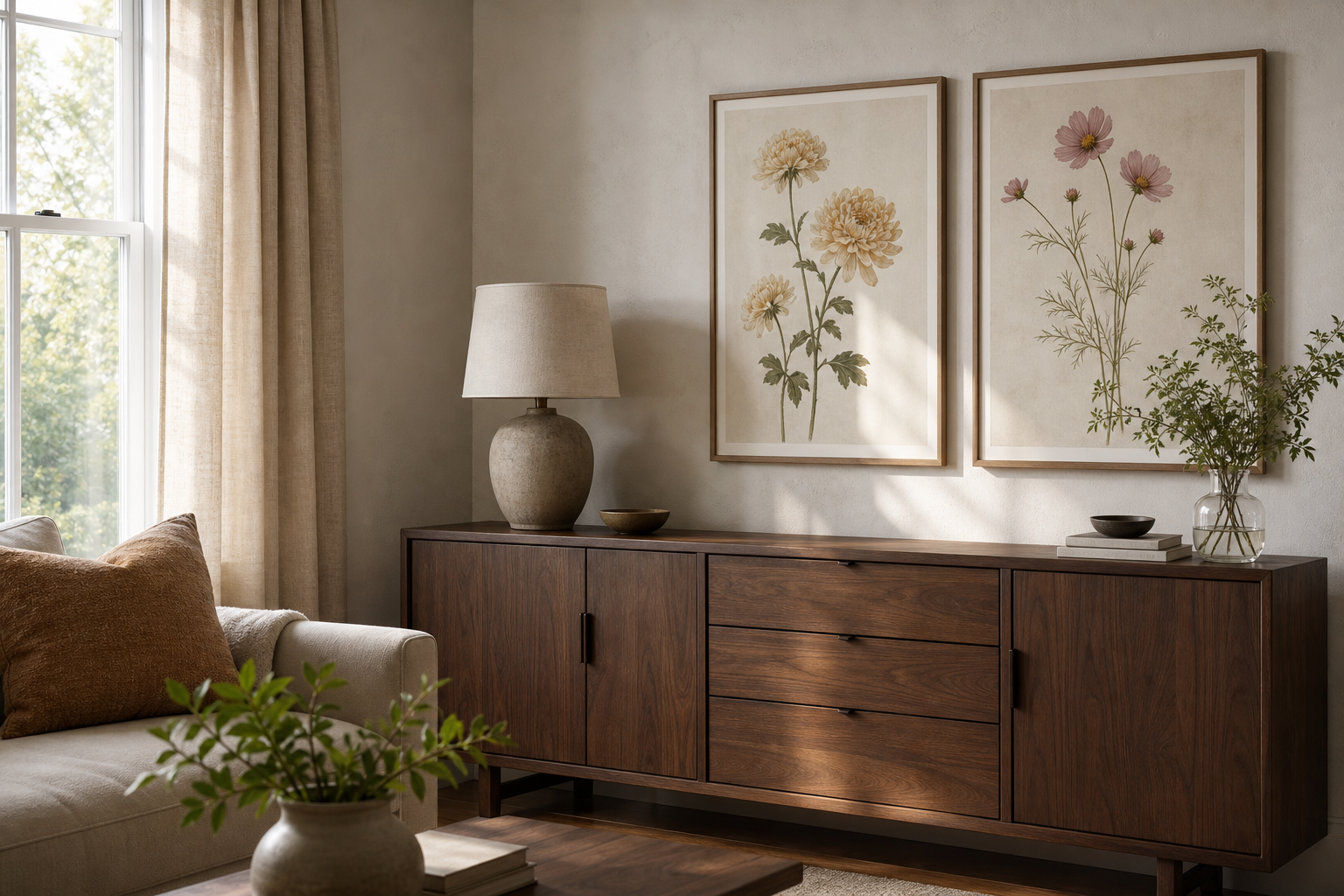 Living room with understated autumn floral prints