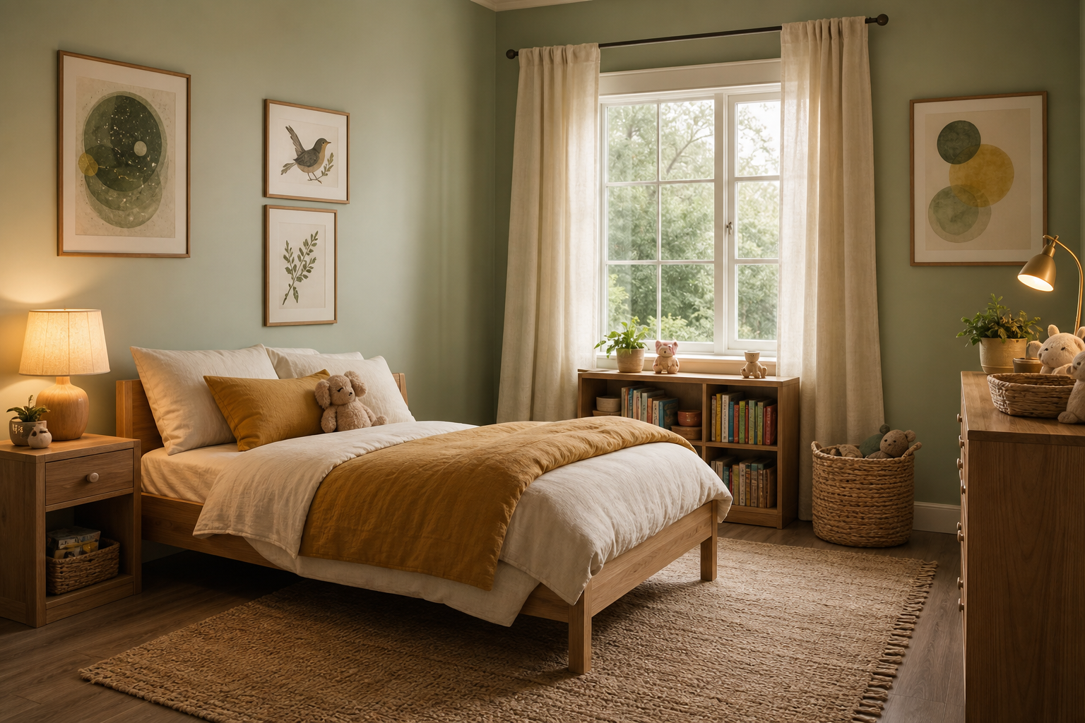 Calm children's bedroom with soft-coloured art and layered textiles