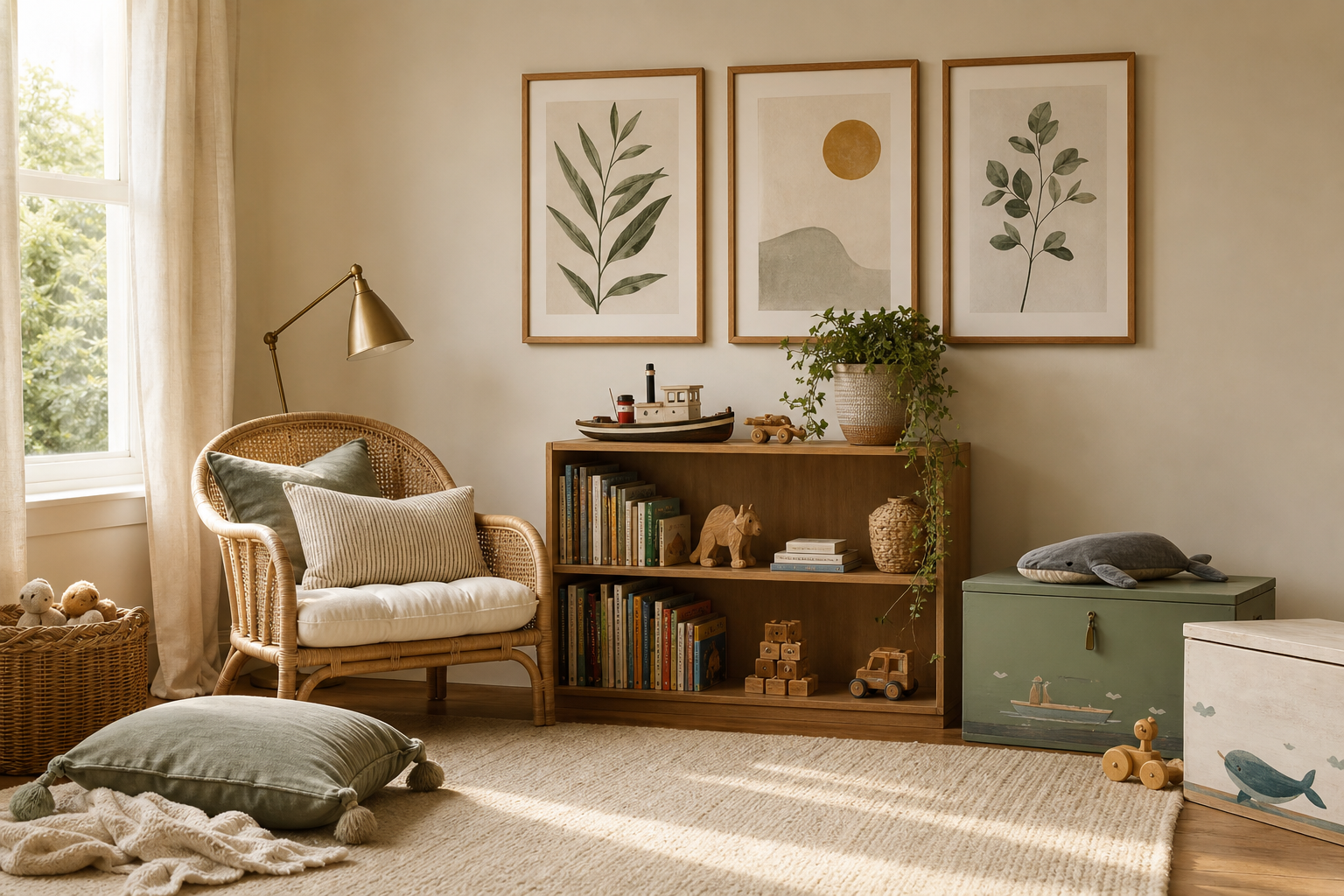 Kid's room with transport and animal wall art near a reading corner
