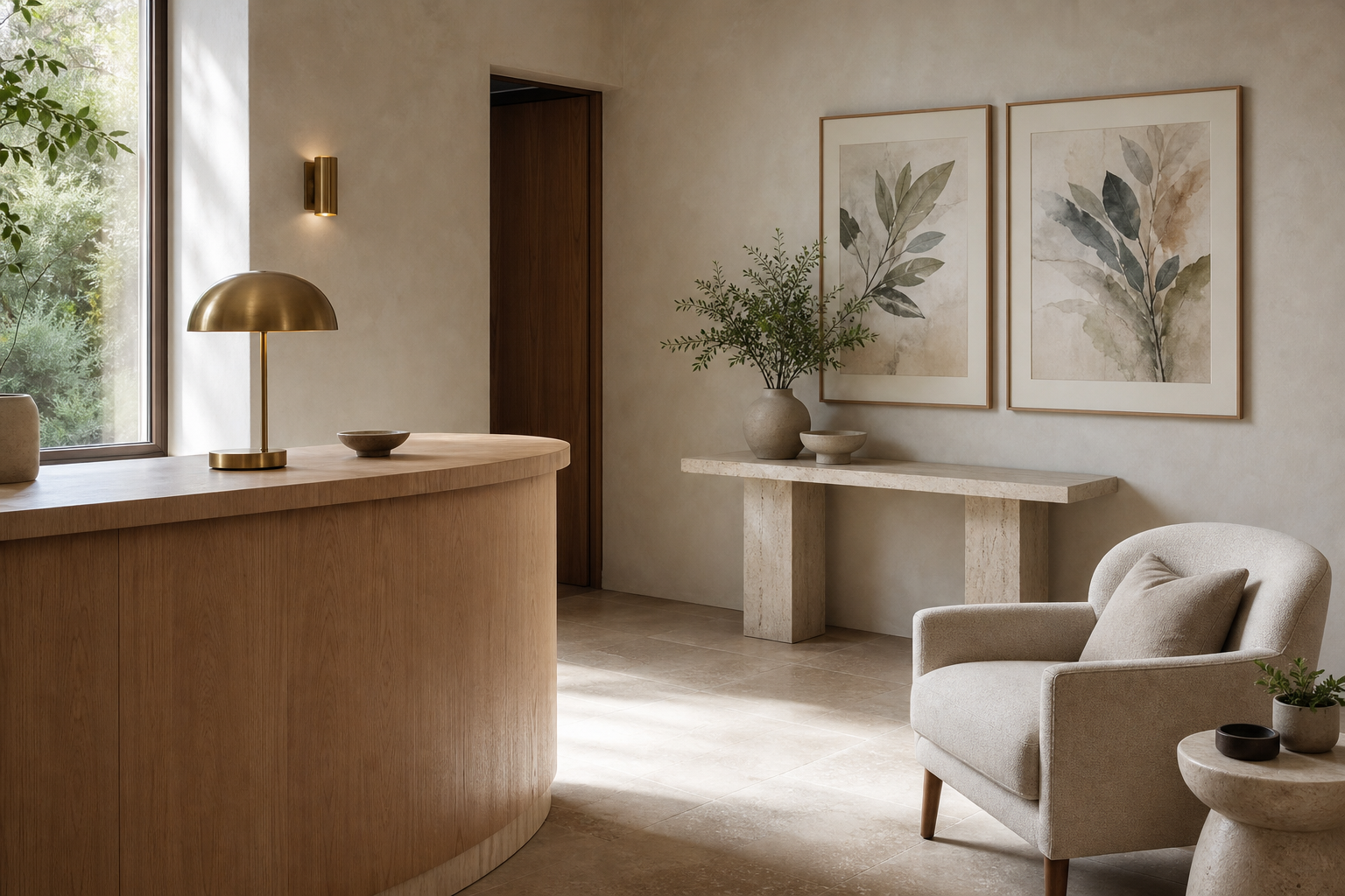 Reception area with subtle kids-inspired art
