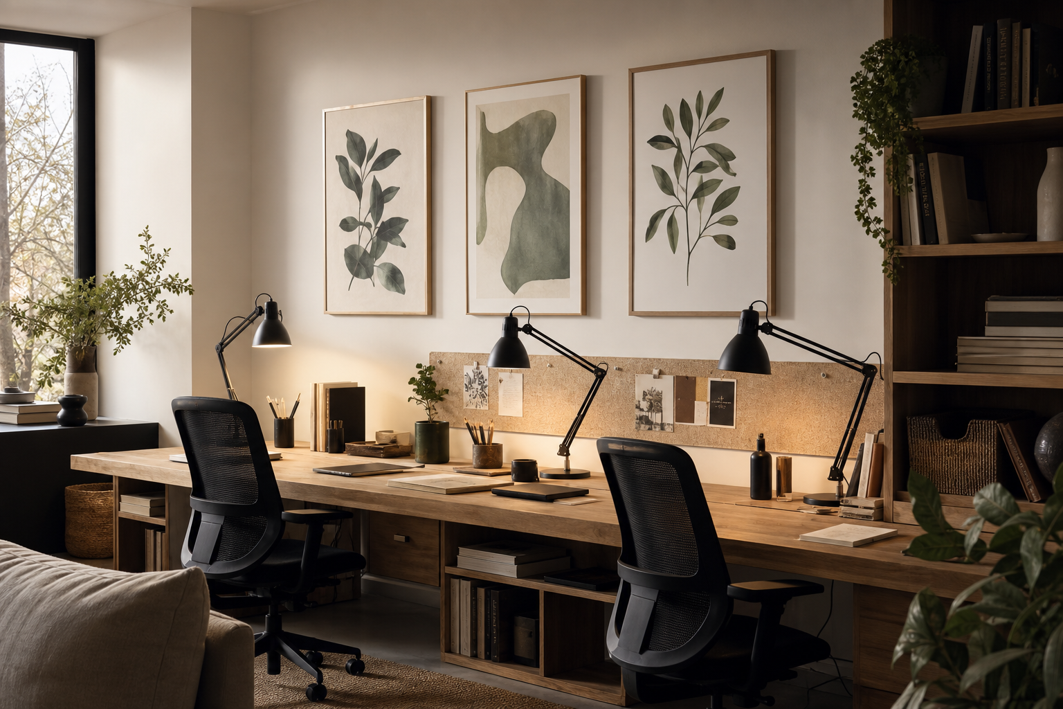Creative office with balanced playful art and neutral decor
