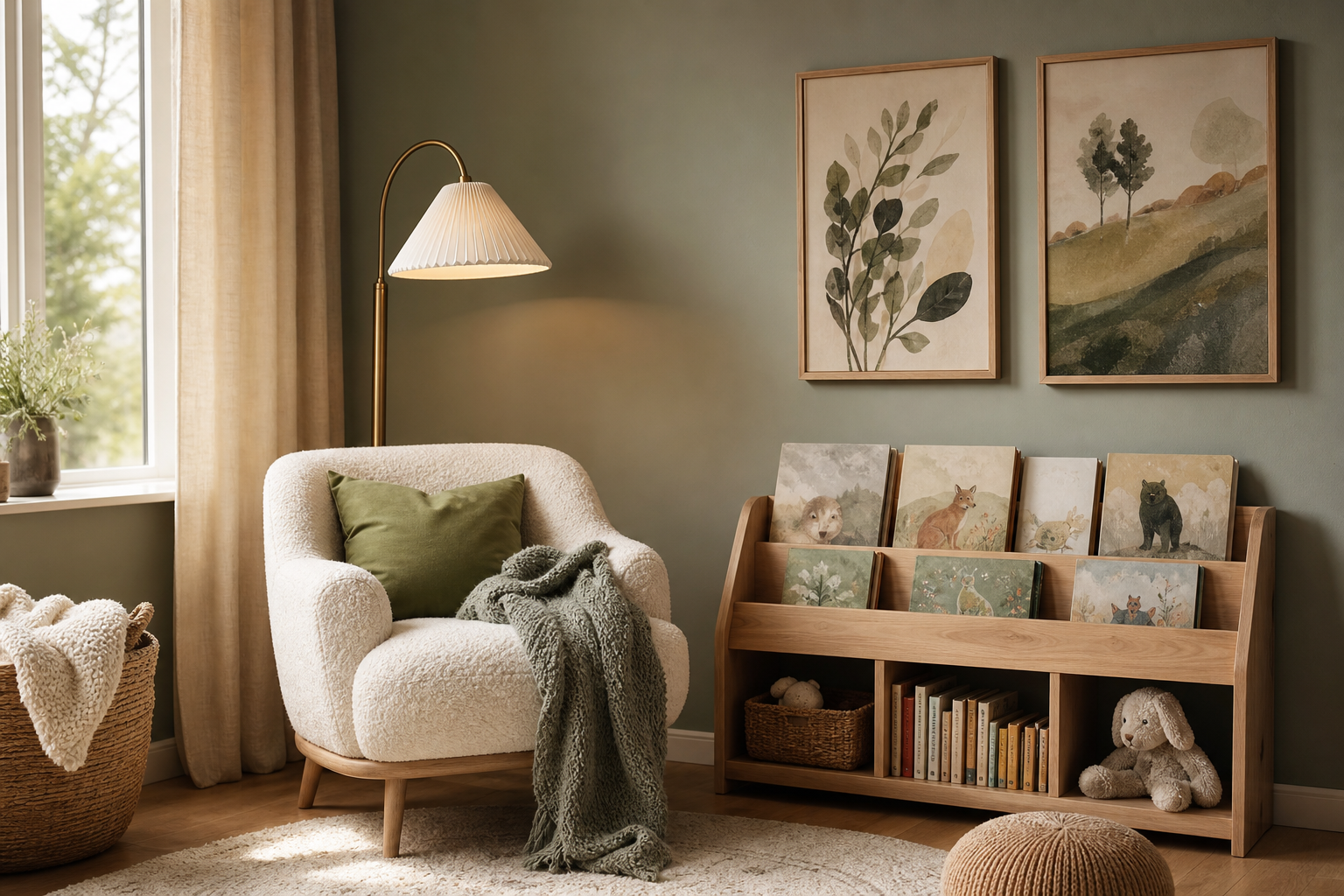 Kids reading nook with framed art above a book ledge