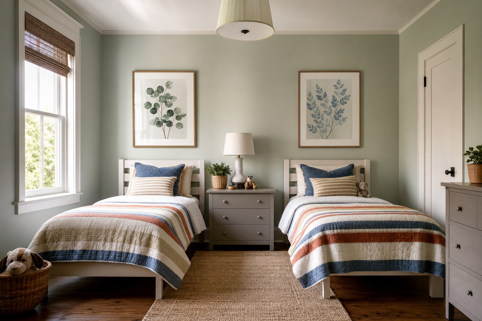 Shared kids room with two beds and balanced framed wall art