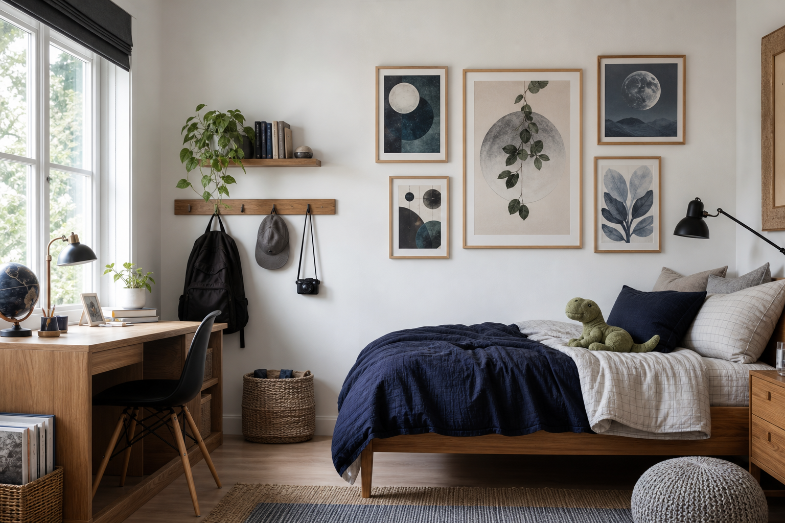 Older child's room layered with timeless and swap-friendly framed art