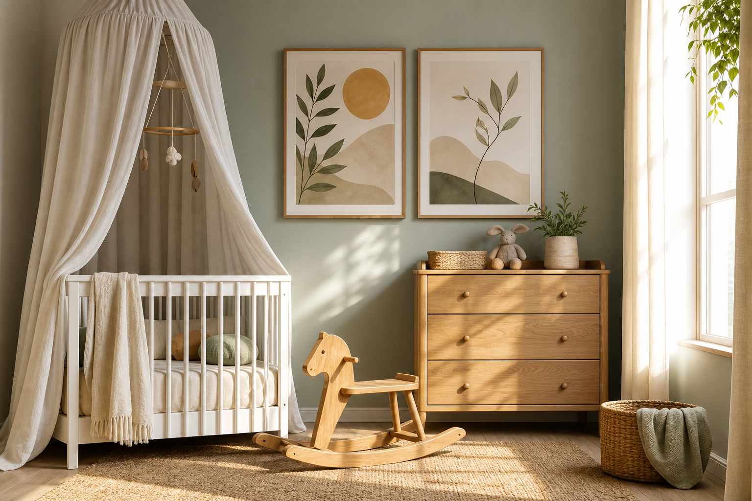 Soft nursery corner with framed animal illustrations