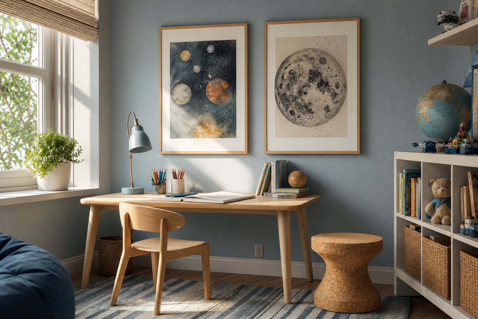 Kid's study area with educational framed space and map prints