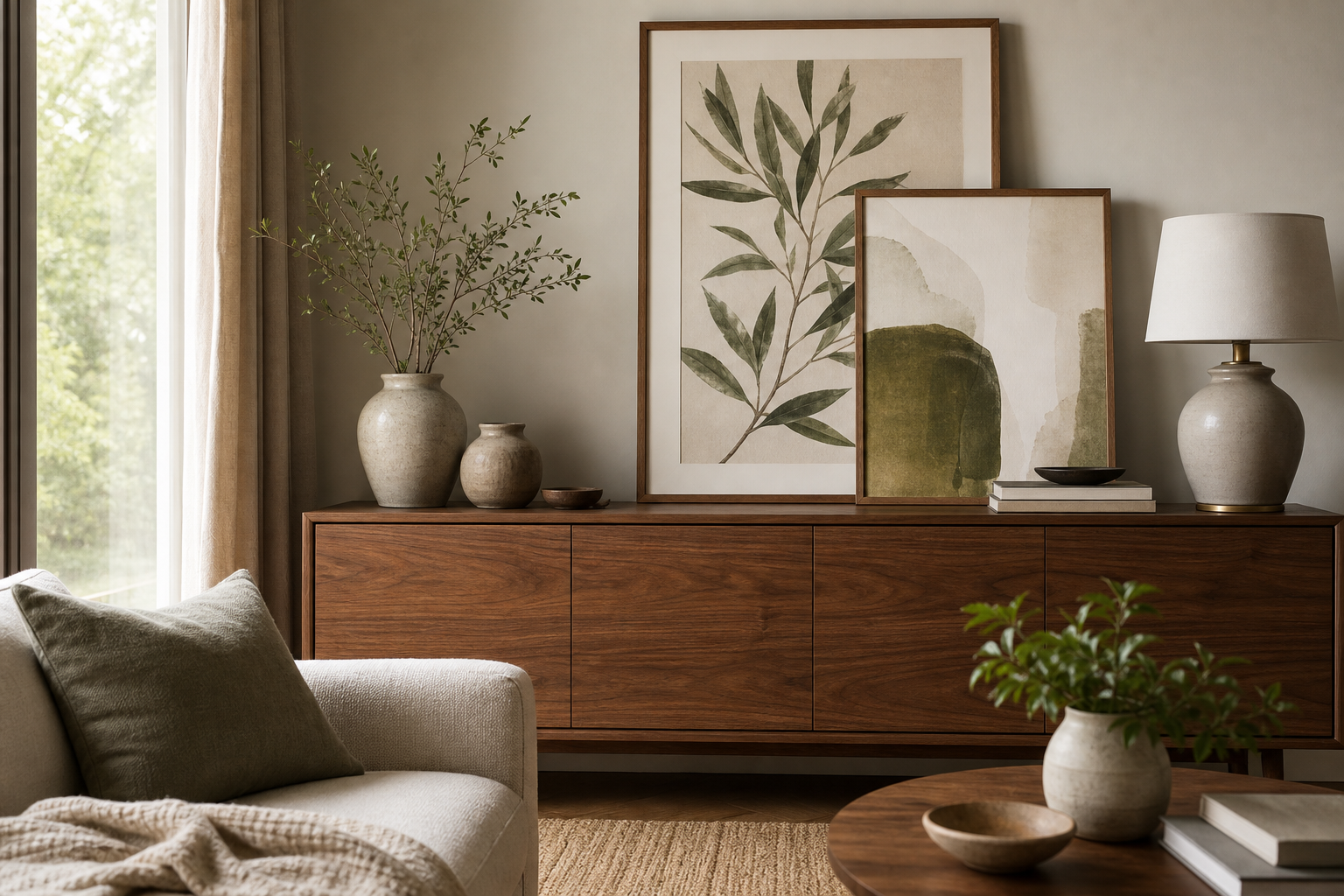 Living room sideboard with layered framed art and decorative objects