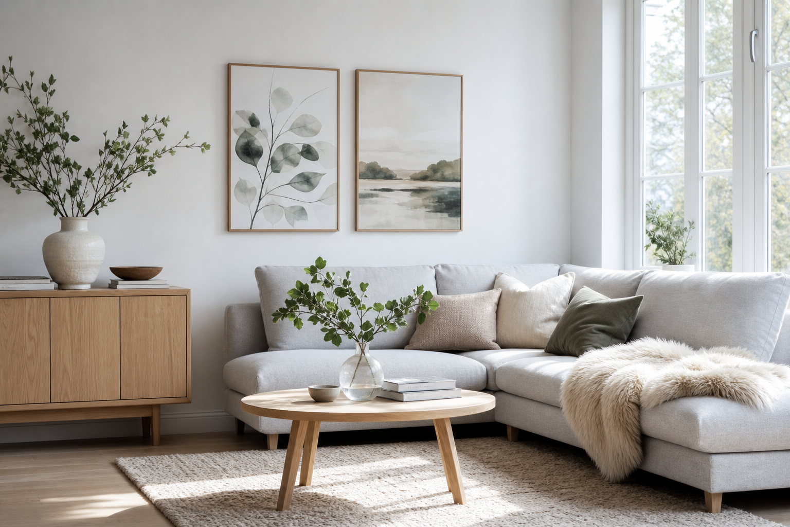 Scandinavian living room with light wood furniture and soft landscape art