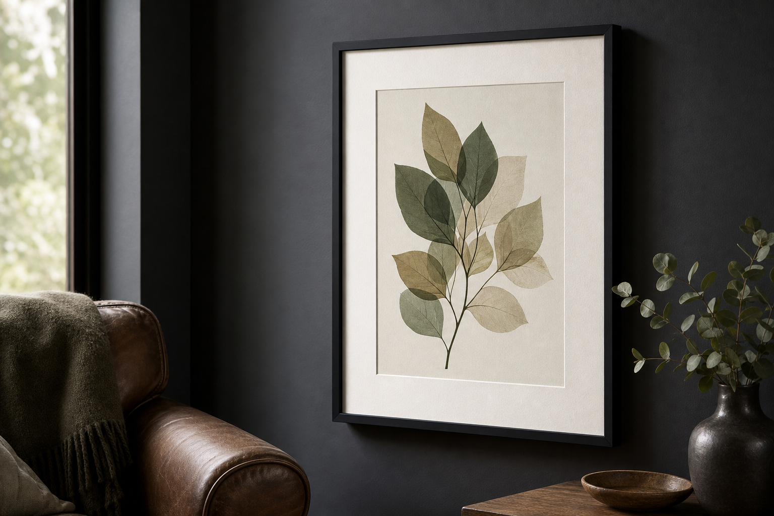 Close-up of dark frame and matte print in moody interior
