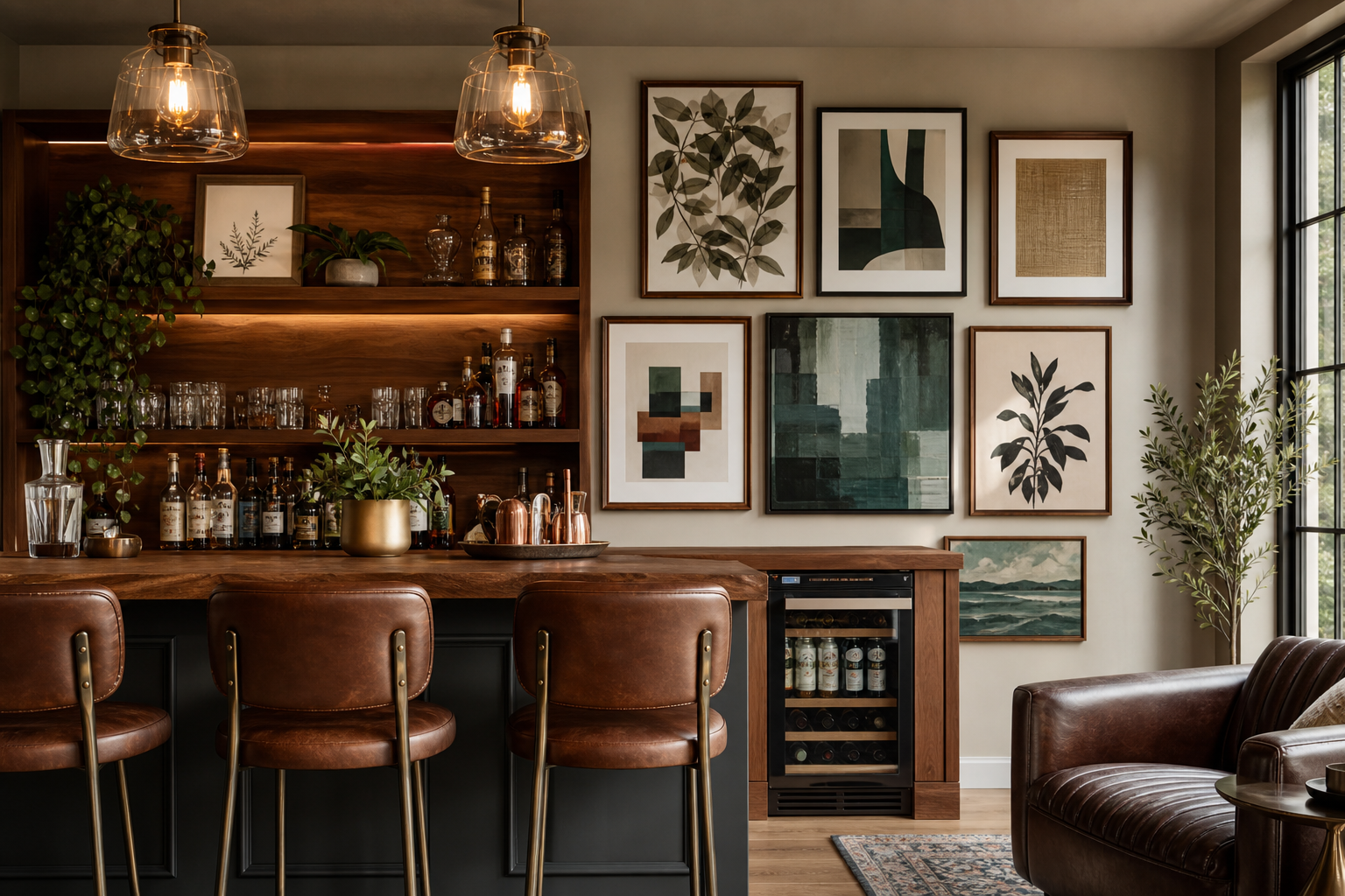 Collected wall arrangement in a home bar and lounge area
