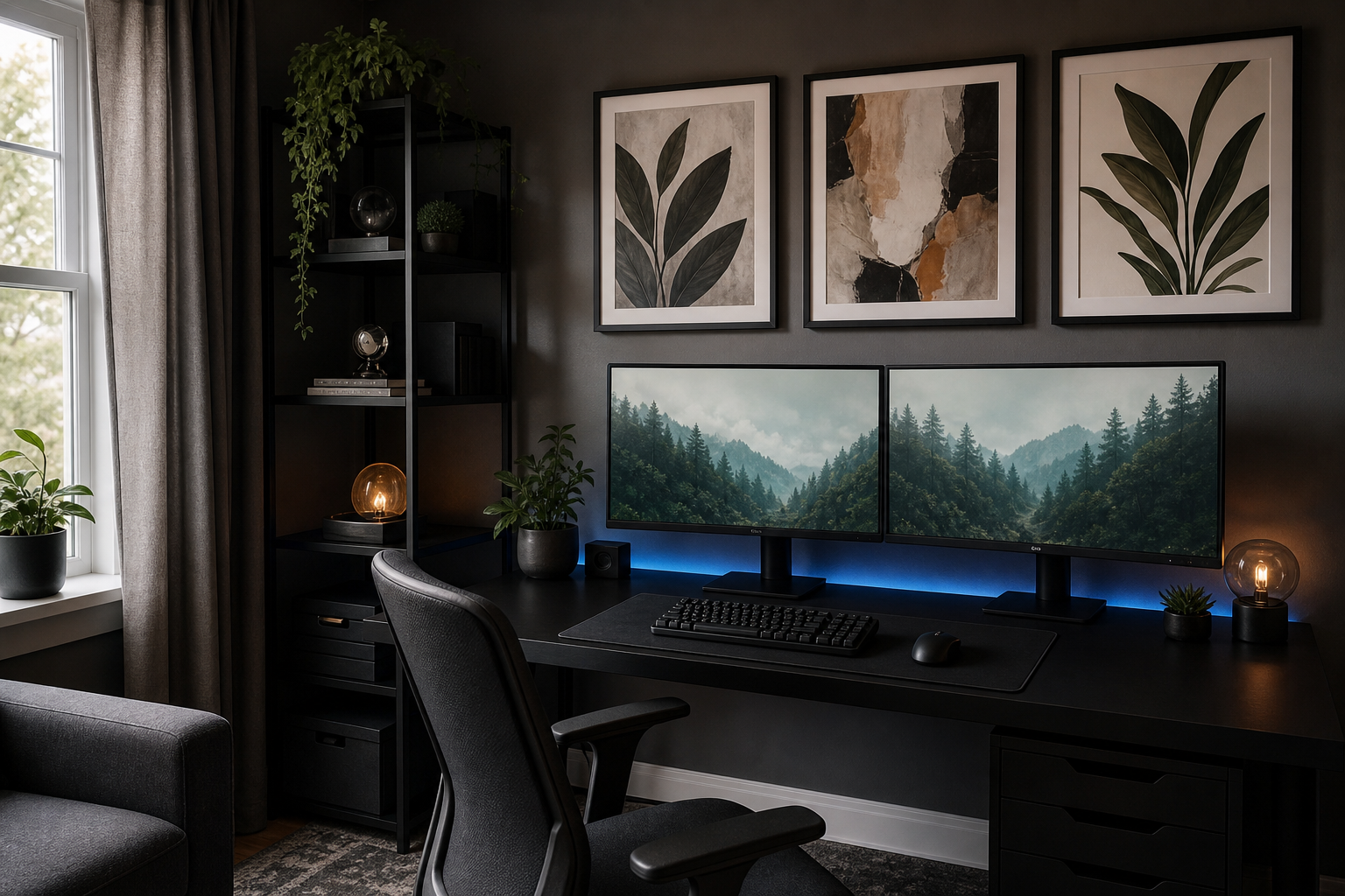 Gaming-focused man cave corner with desk and framed wall art