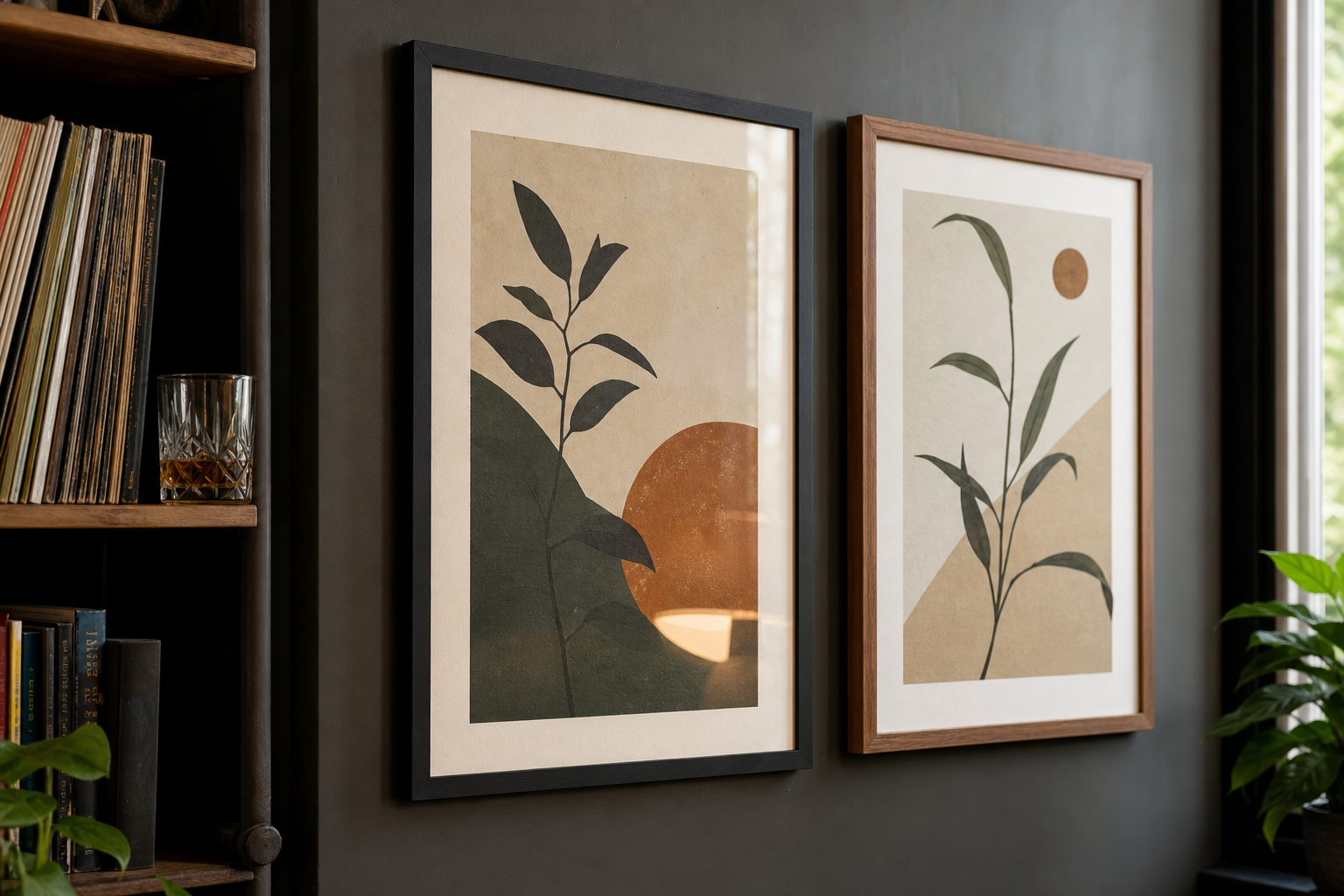 Close-up of framed wall art with wood and black frame finishes