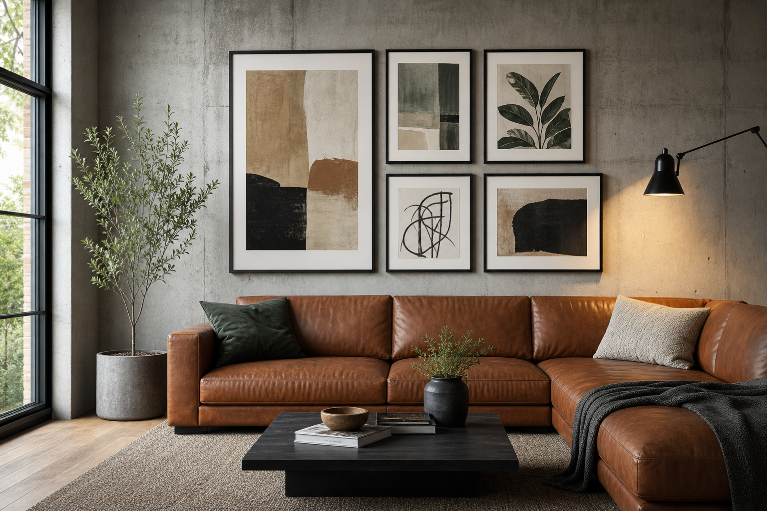 Example wall arrangement with framed art above a leather sofa