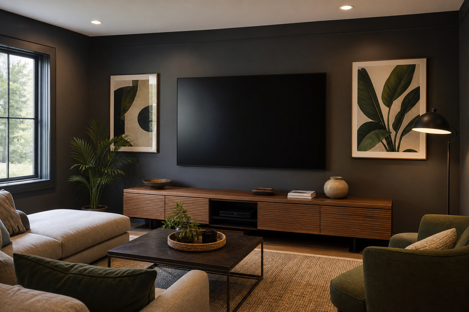 Man cave corner with sports-themed framed wall art above a media console