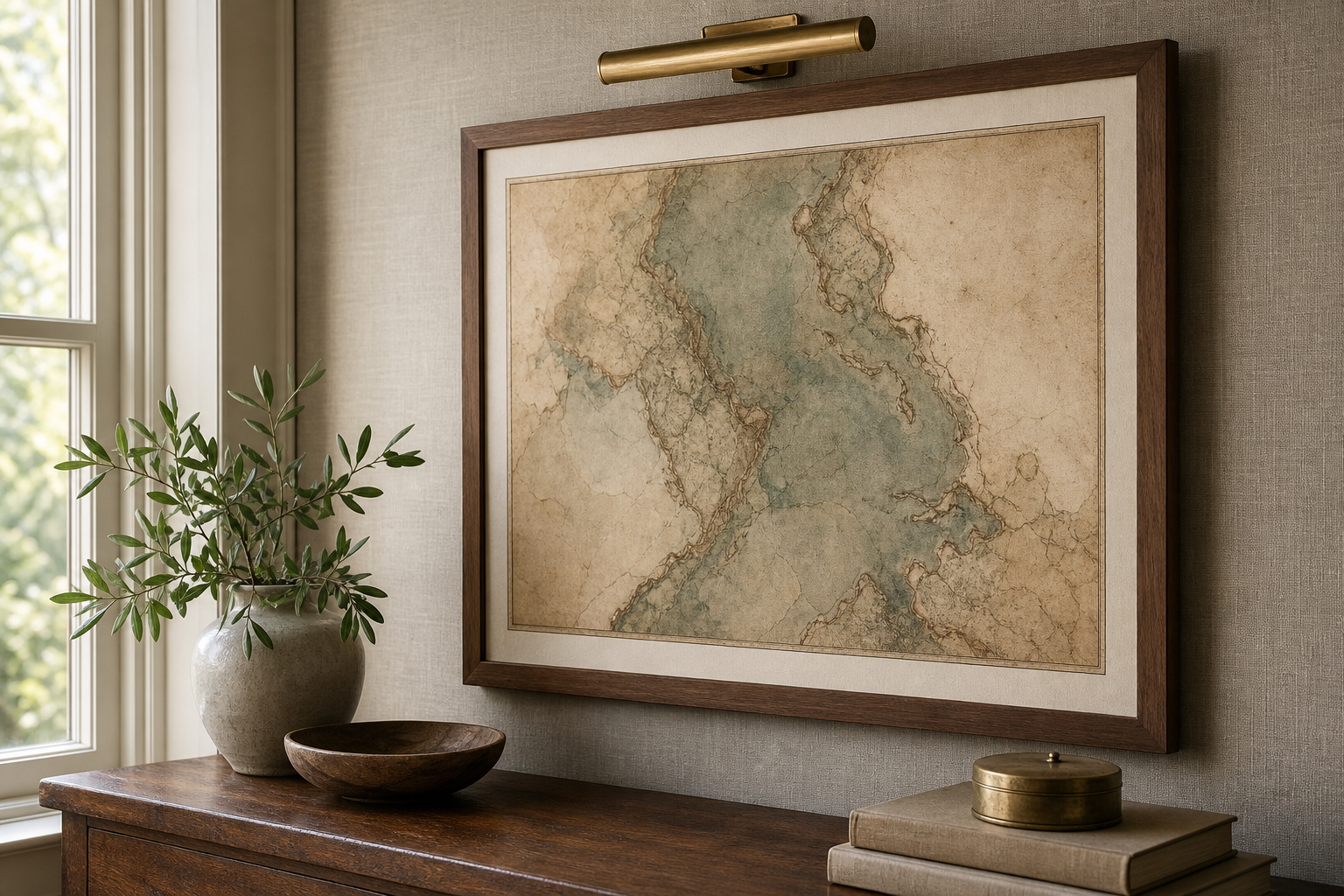 Close-up of framed vintage map print and materials