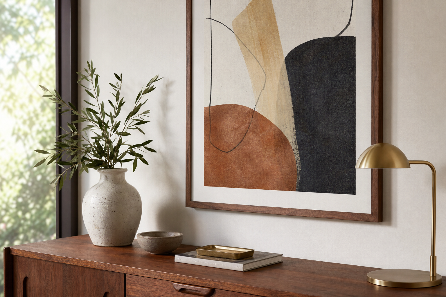 Close-up of walnut frame and textured art surface