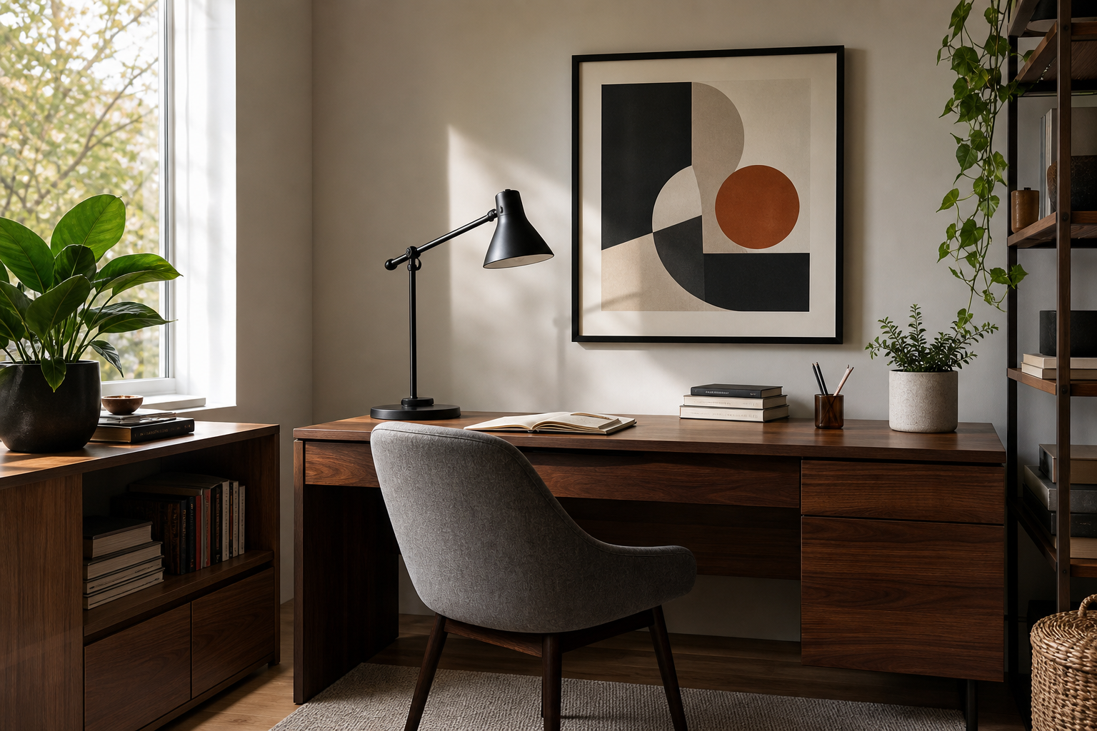Home office styled with mid-century inspired art