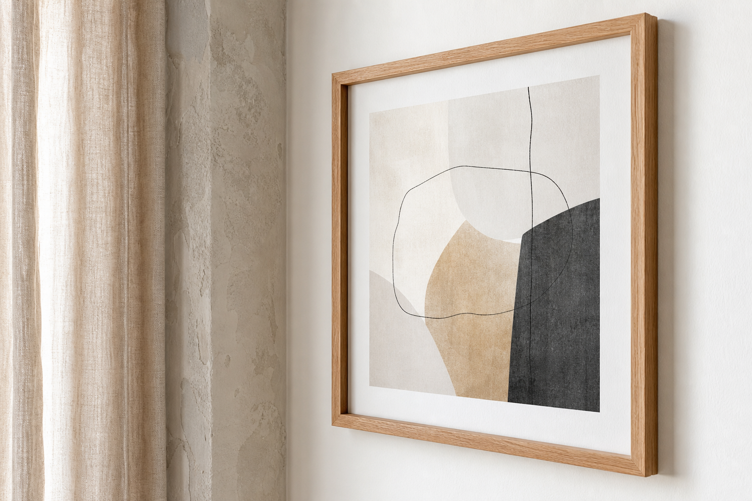 Close-up of simple oak frame and minimal art print
