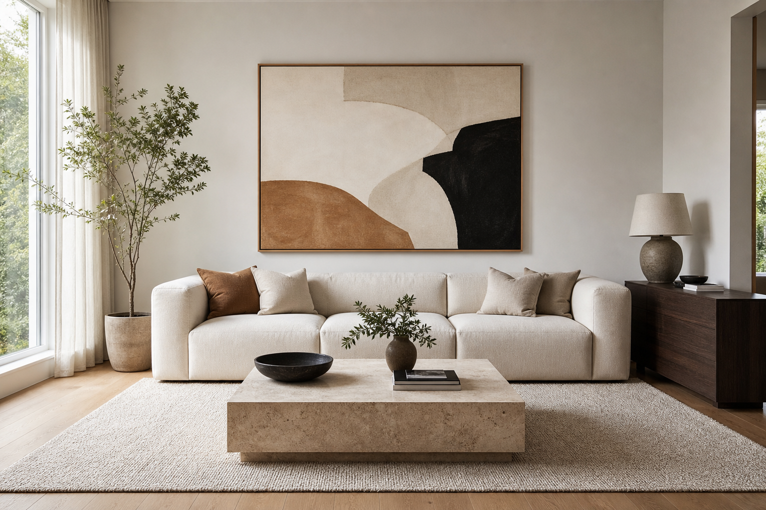 Minimal living room with large framed wall art above sofa