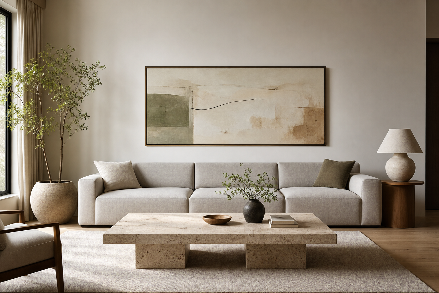Balanced art placement above a sofa in a minimalist living room
