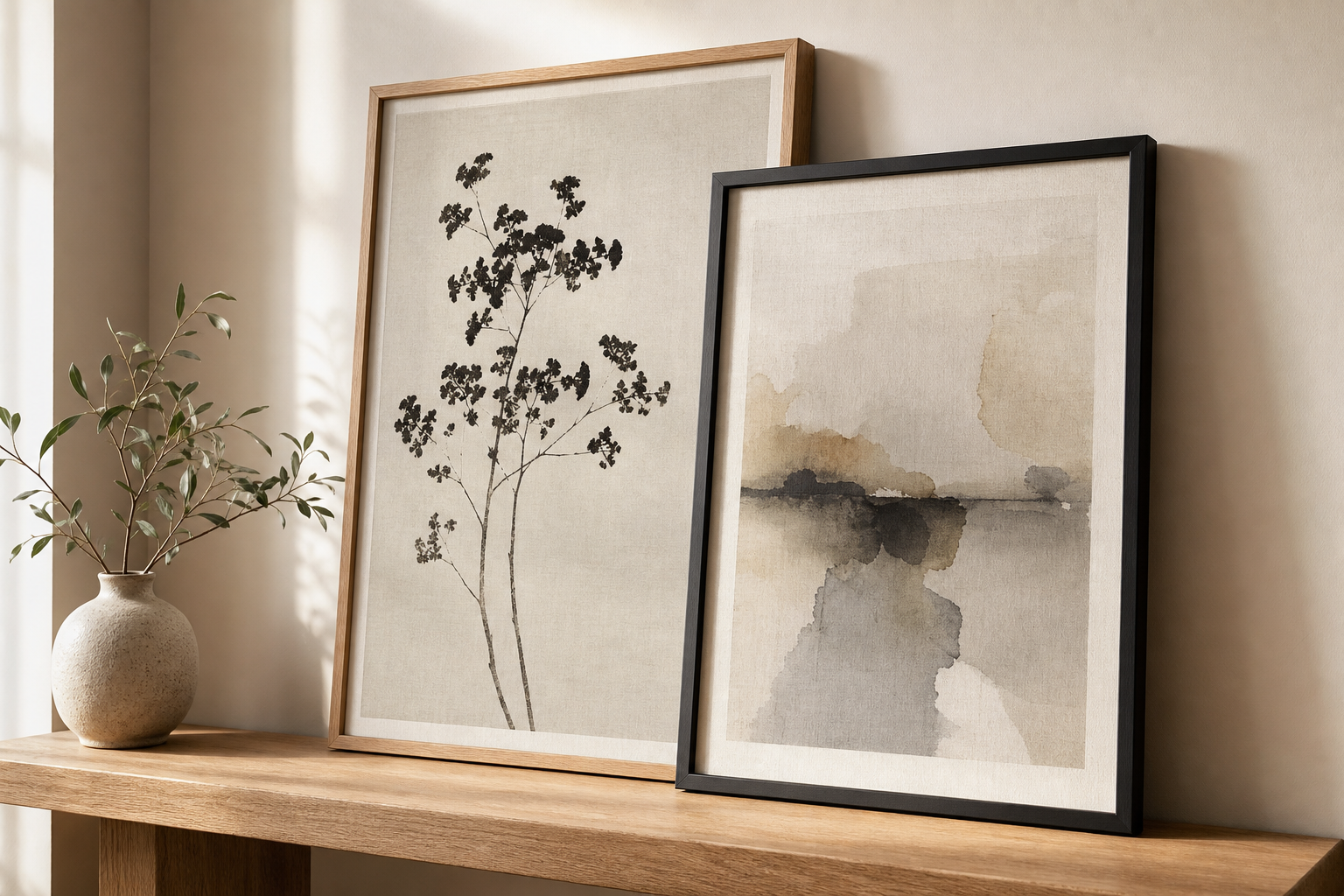 Close-up of minimalist frame styling with textured art