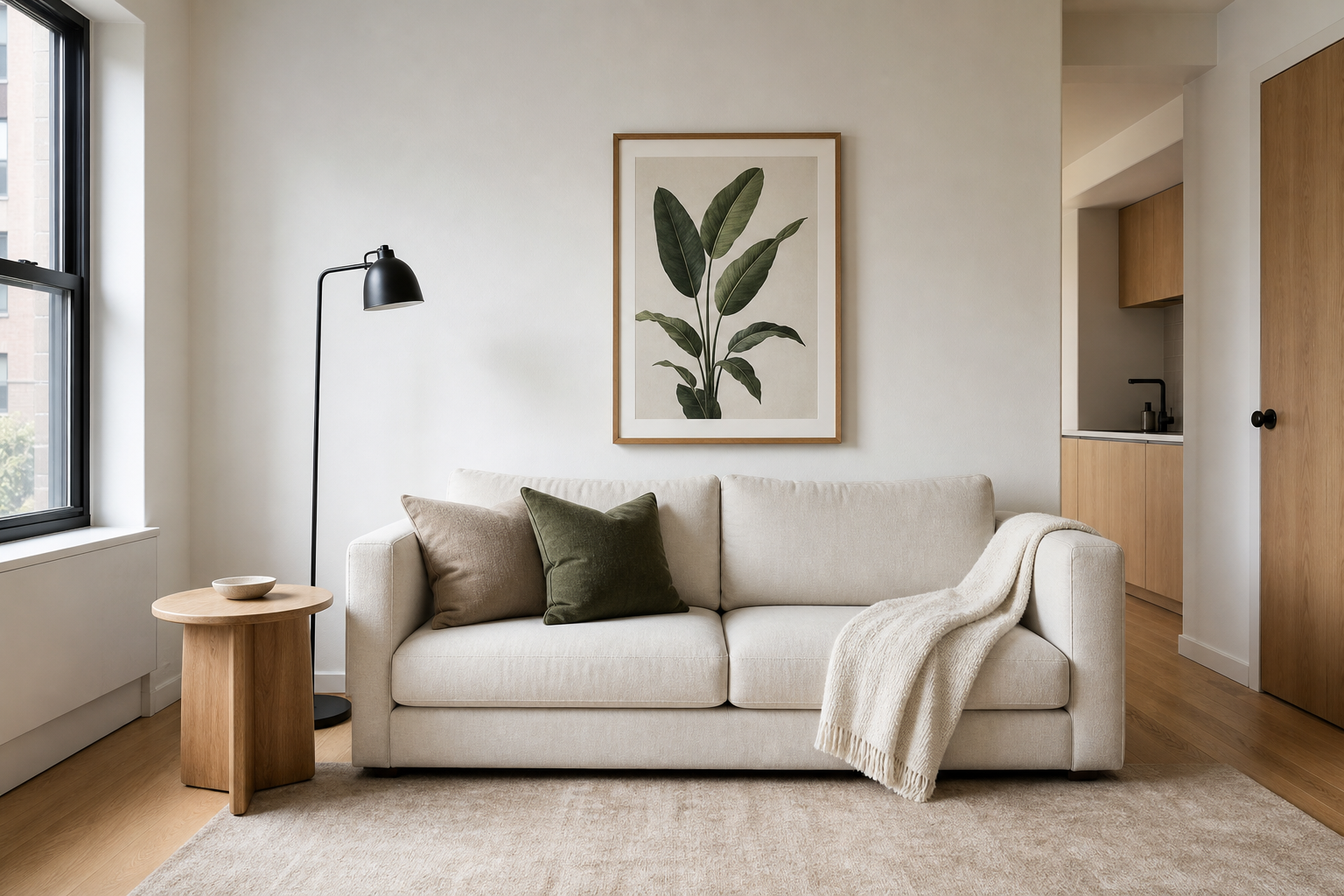 Neutral minimalist living room with clean furniture lines
