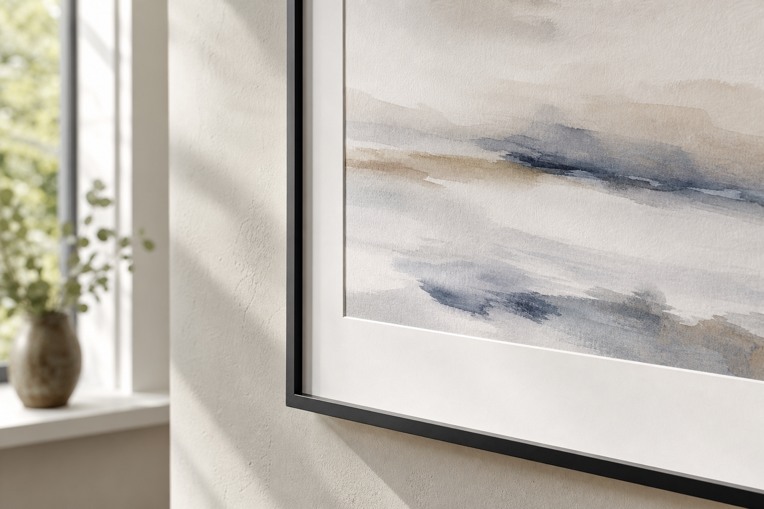 Close-up of slim frame and mat on minimalist wall art
