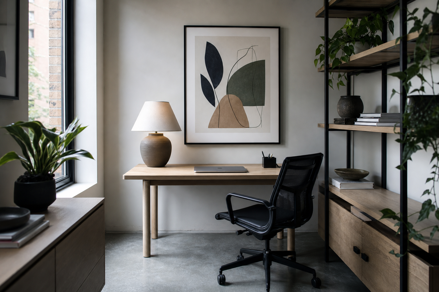 Minimalist home office with restrained framed art