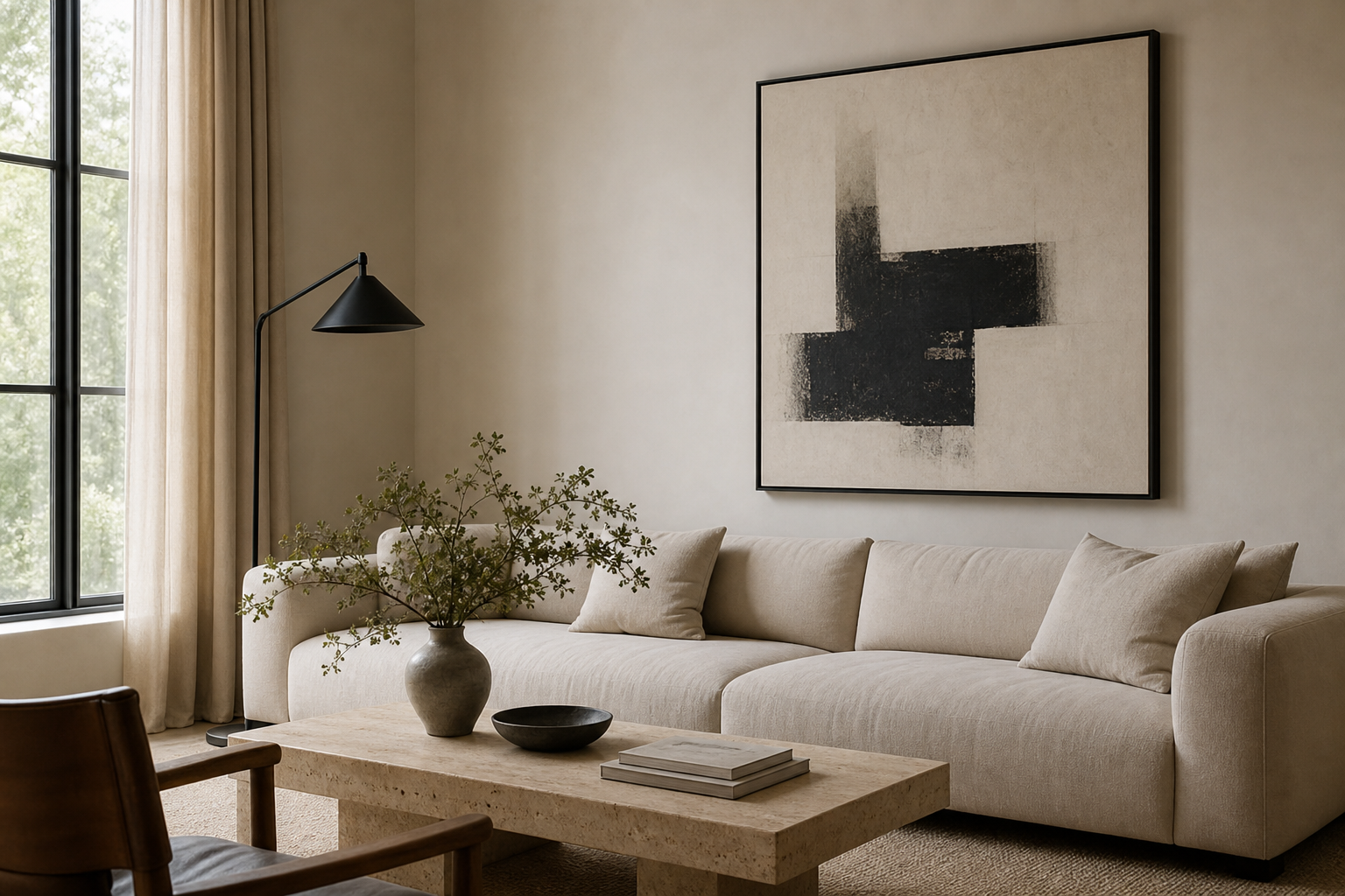Minimalist art above sofa in a modern sitting room