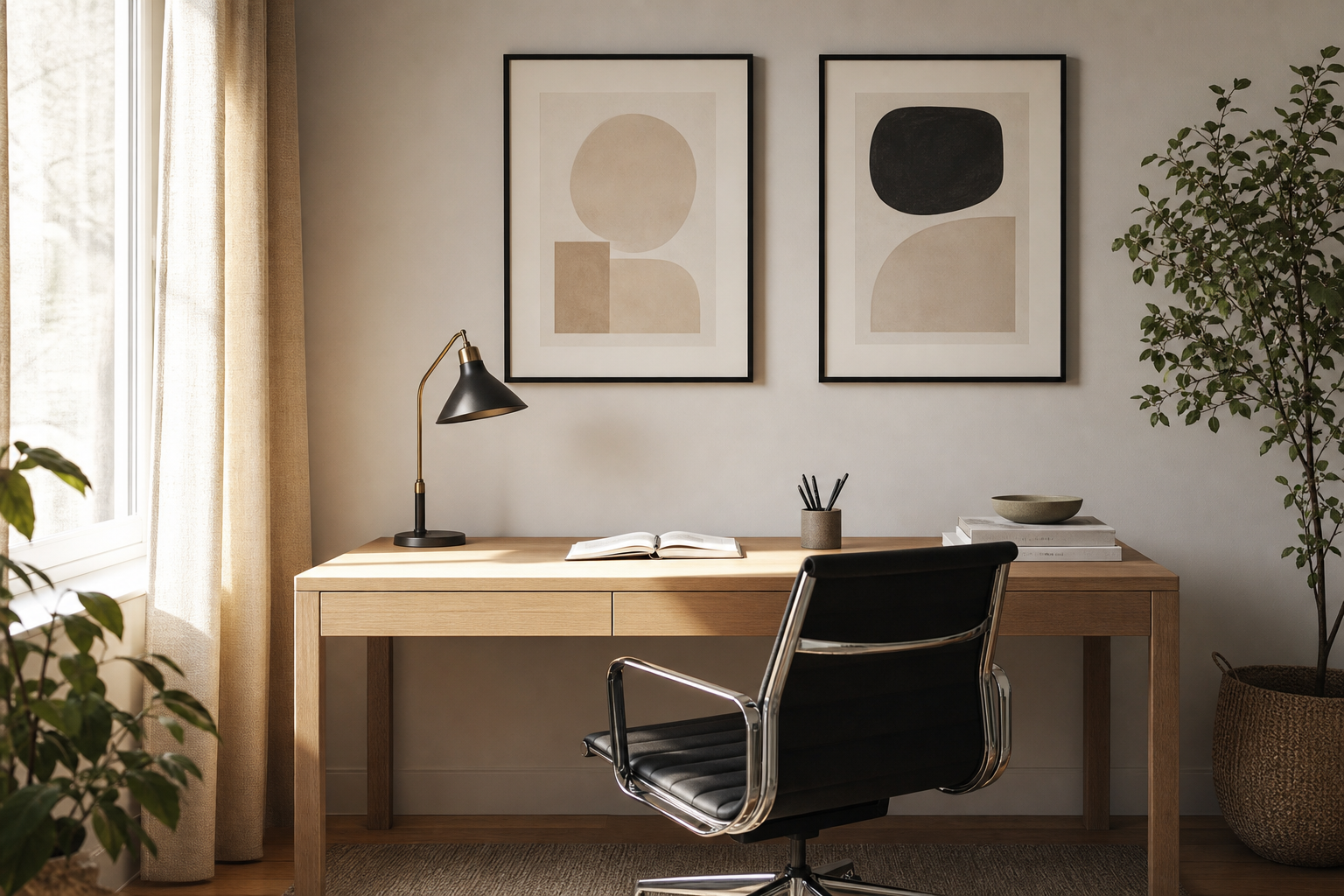 Home office wall with balanced pair of minimalist framed prints