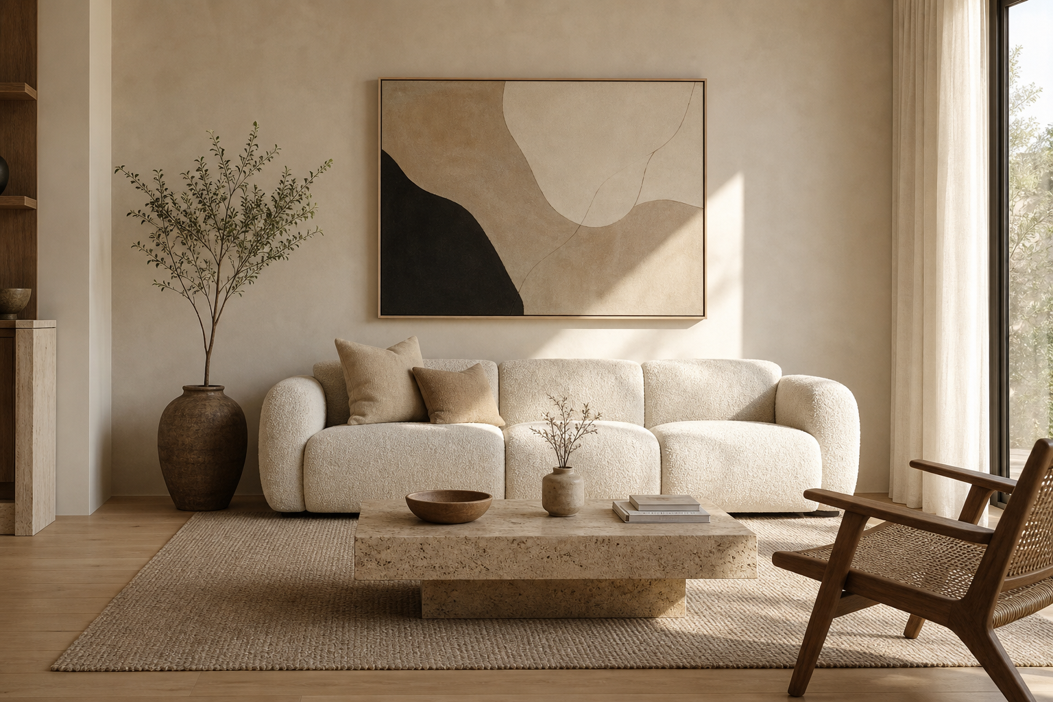 Living room with oversized neutral wall art above sofa