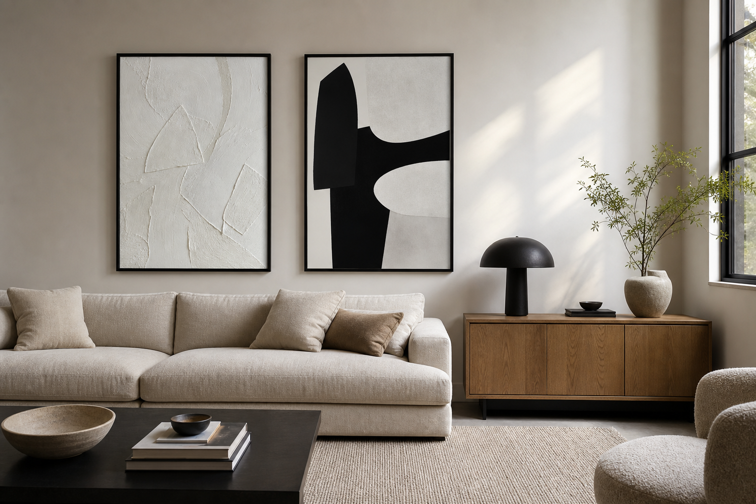 Example of minimalist wall arrangement above a sofa