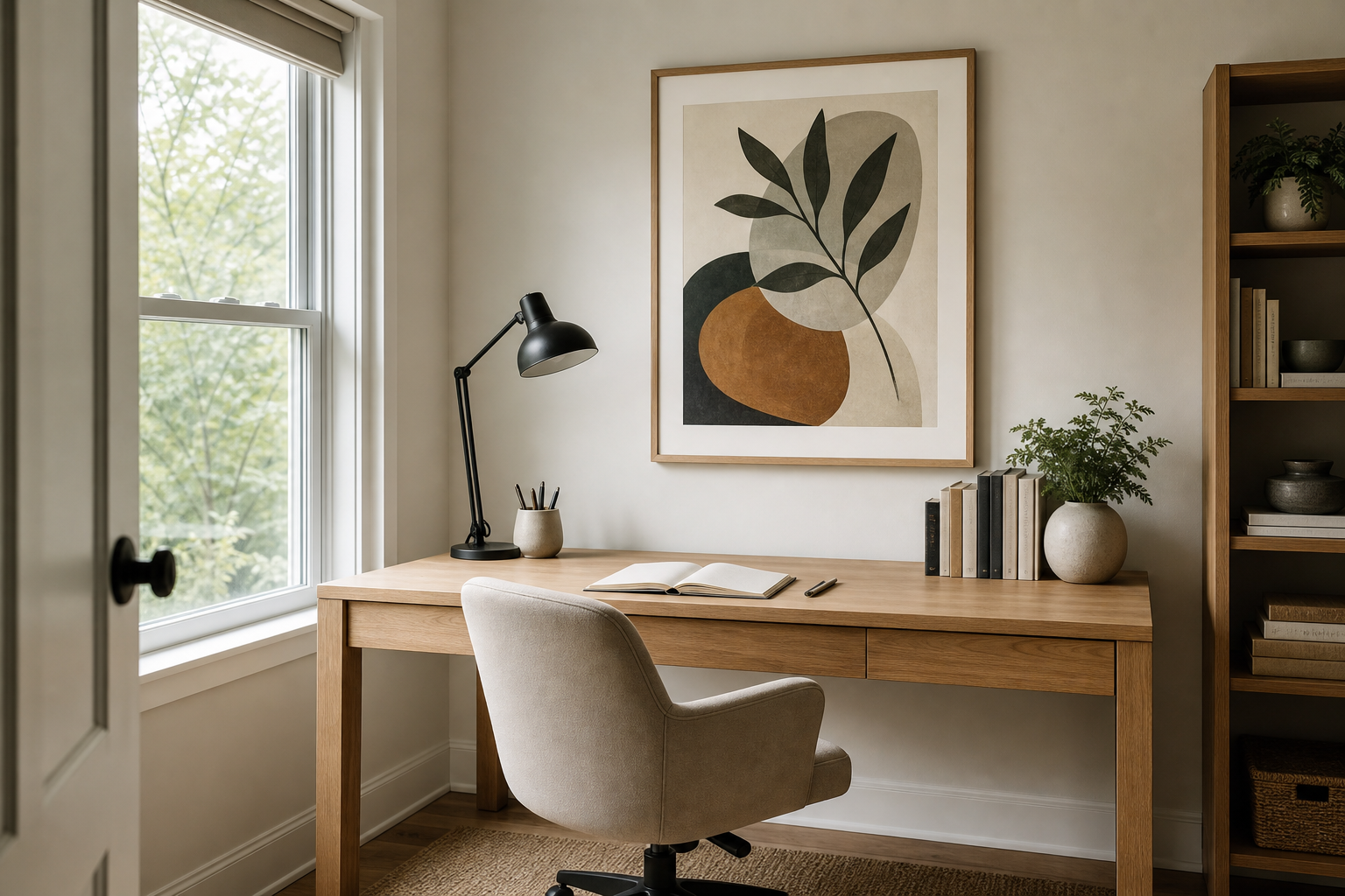 Minimalist home office with clean framed wall art