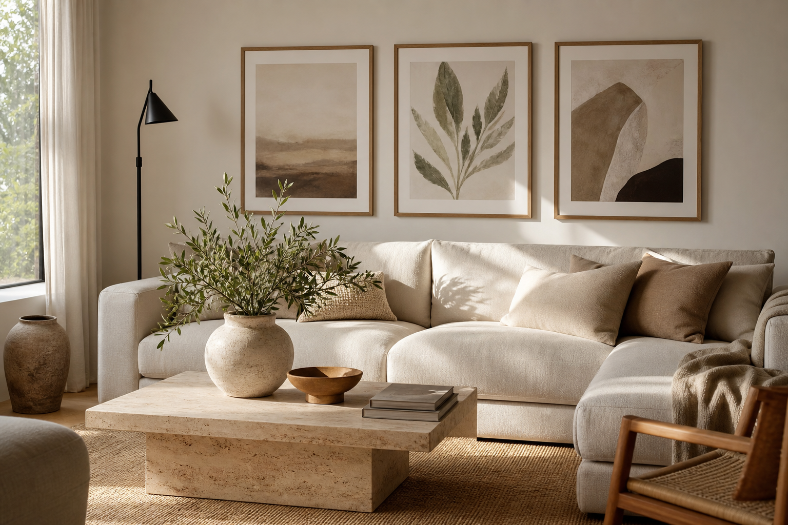 Minimalist living room with layered neutral framed art