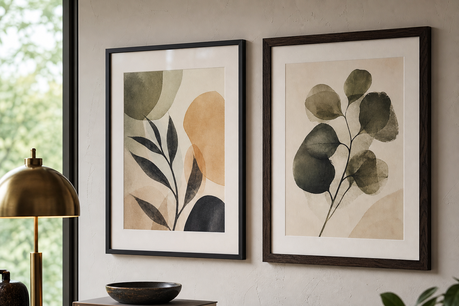 Close-up of framed cinematic wall art with wood and black metal finishes
