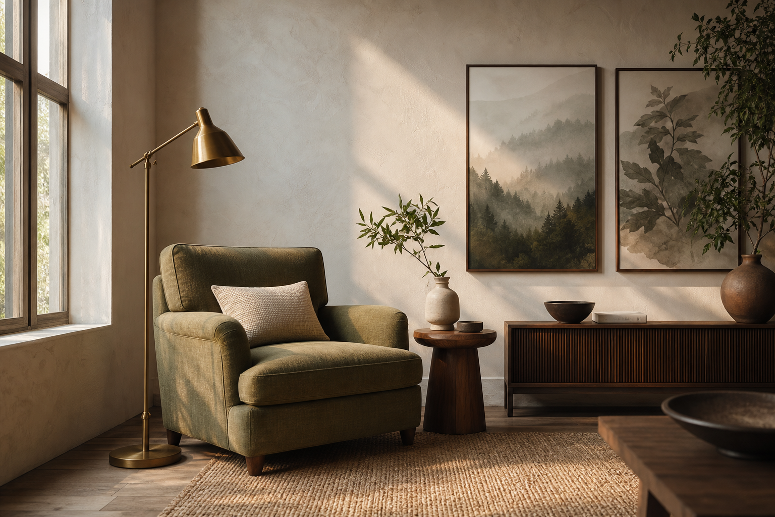 Living room corner with misty forest wall art and deep green accents