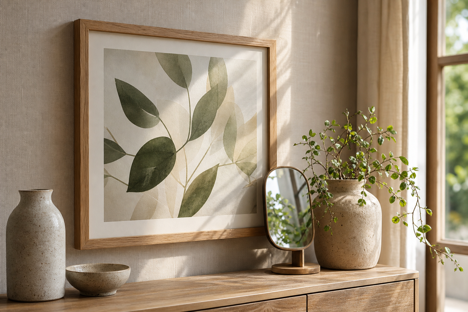 Close-up of oak frame, textured print surface, and layered living room styling