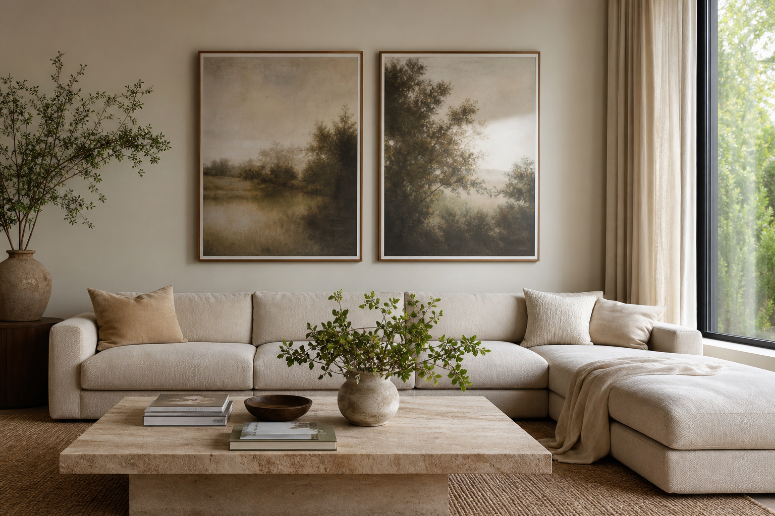 Nature art arranged above a sofa in a balanced living room layout