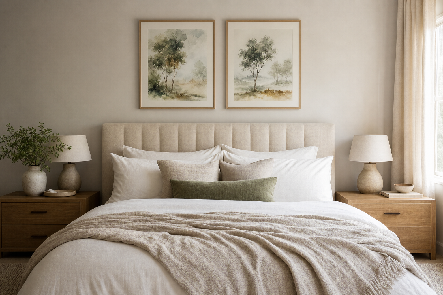 Bedroom with soft nature wall art above bed