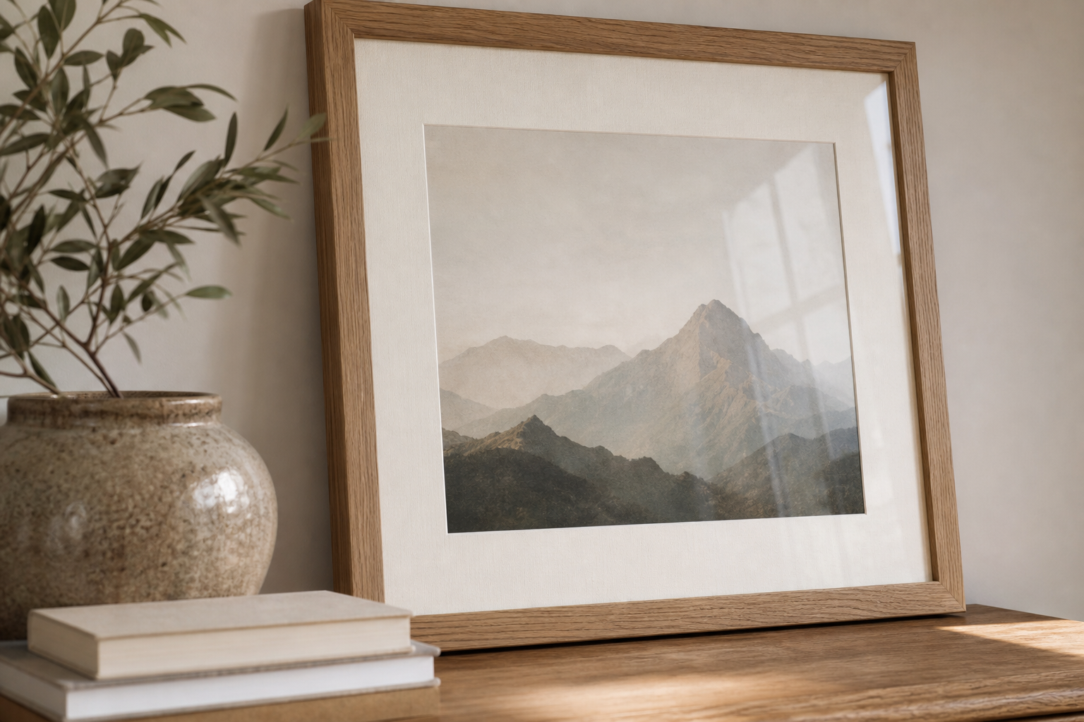 Close-up of wood frame and nature artwork styling details
