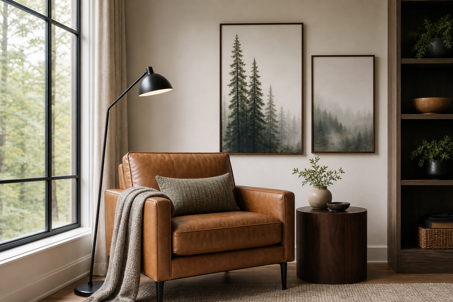 Living room corner with forest-inspired framed wall art