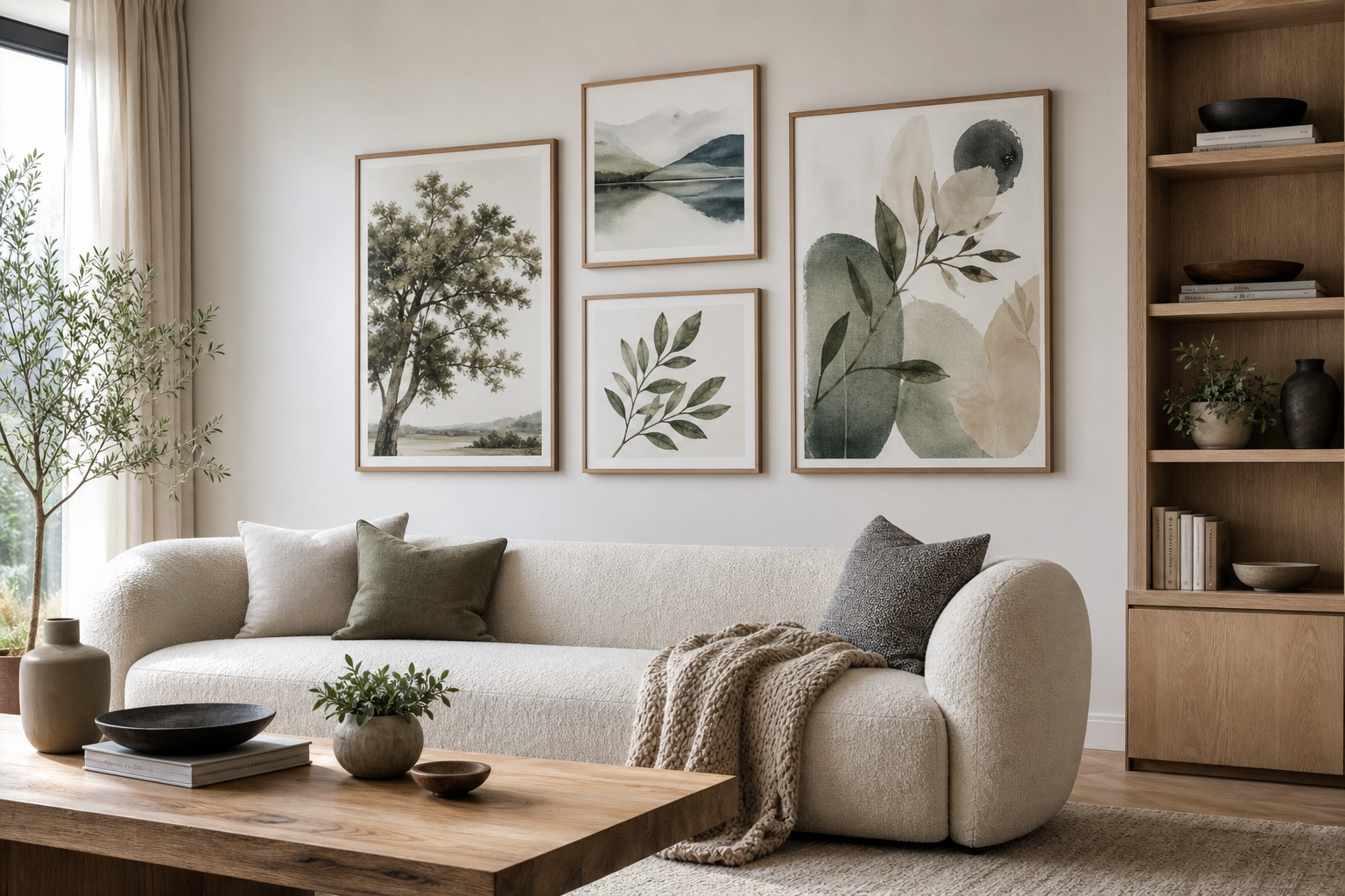 Example of a nature wall art arrangement above a sofa