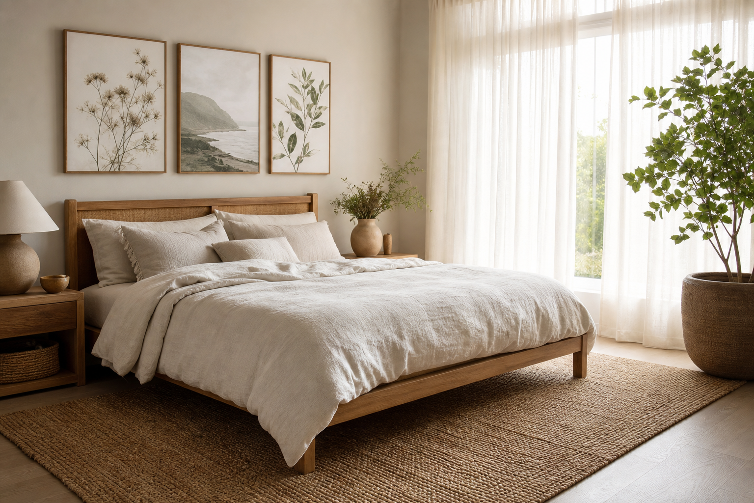 Bedroom with soft botanical and landscape wall art